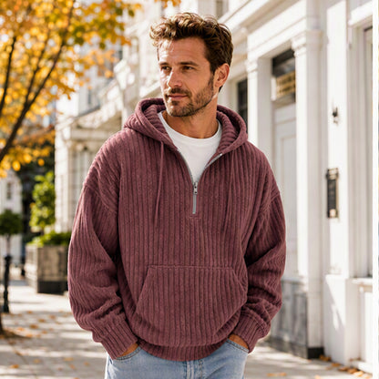 Sweat-shirt à capuche en velours côtelé demi-zip pour homme