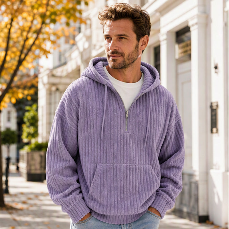 Sweat-shirt à capuche en velours côtelé demi-zip pour homme