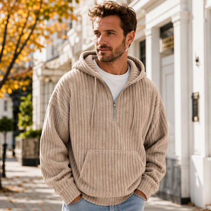 Sweat-shirt à capuche en velours côtelé demi-zip pour homme