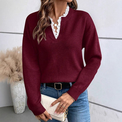 🔥 50% de réduction 🔥Pull en maille col montant avec bordure en dentelle pour femmes