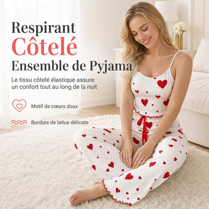 Ensemble de pyjama côtelé 2 pièces pour femme, débardeur à imprimé cœur et pantalon long, tenue de détente