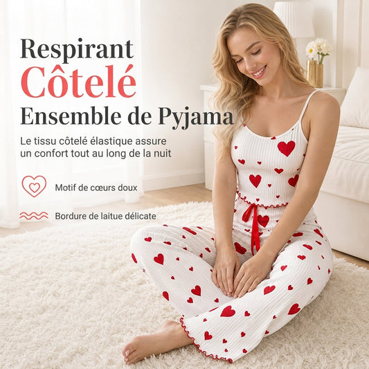 Ensemble de pyjama côtelé 2 pièces pour femme, débardeur à imprimé cœur et pantalon long, tenue de détente