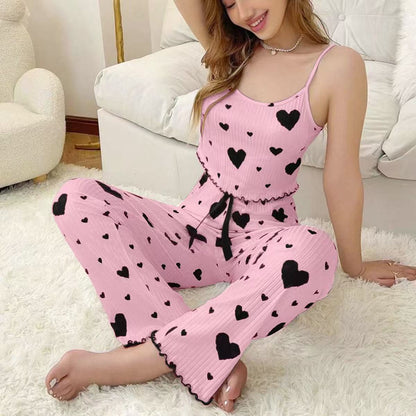Ensemble de pyjama côtelé 2 pièces pour femme, débardeur à imprimé cœur et pantalon long, tenue de détente