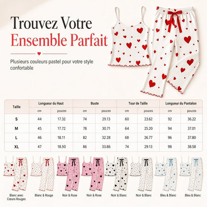 Ensemble de pyjama côtelé 2 pièces pour femme, débardeur à imprimé cœur et pantalon long, tenue de détente