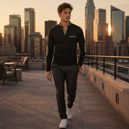 🔥 50% de réduction 🔥Chemise à col montant pour homme, haut pull décontracté à manches longues et design contrastant