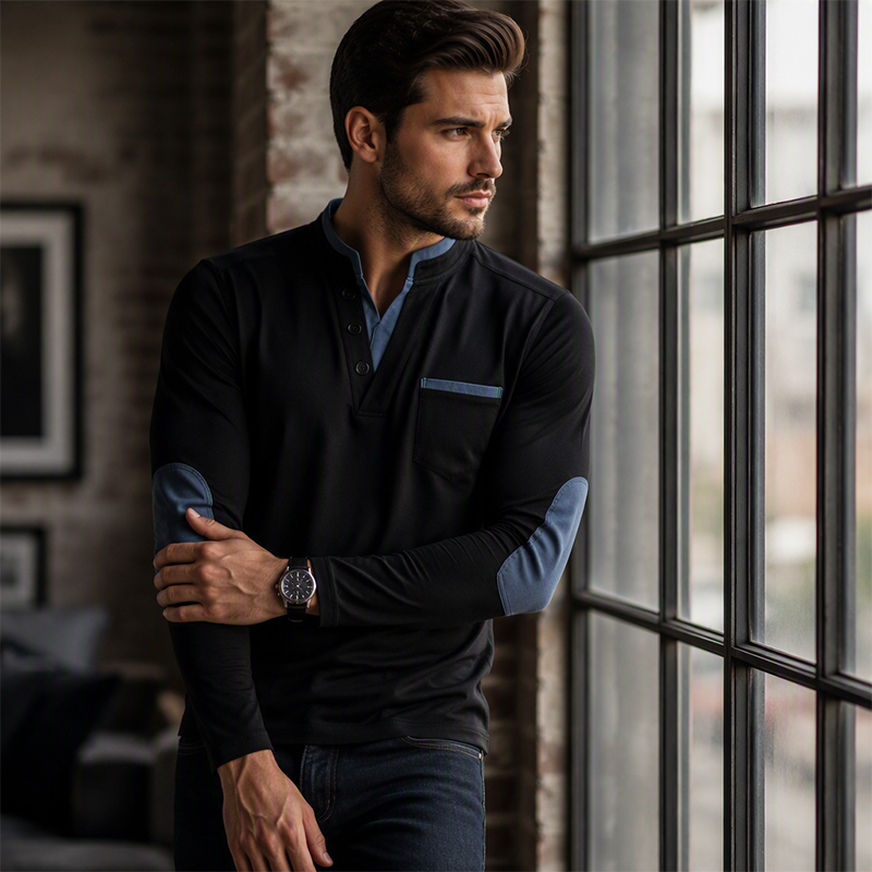 🔥 50% de réduction 🔥Chemise à col montant pour homme, haut pull décontracté à manches longues et design contrastant