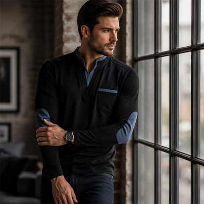 🔥 50% de réduction 🔥Chemise à col montant pour homme, haut pull décontracté à manches longues et design contrastant