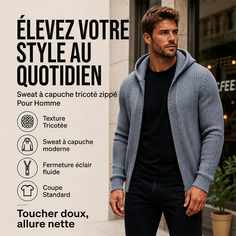 🎁Soldes ! Prix cassés🌍Pull en maille à capuche et à fermeture éclair décontracté pour homme