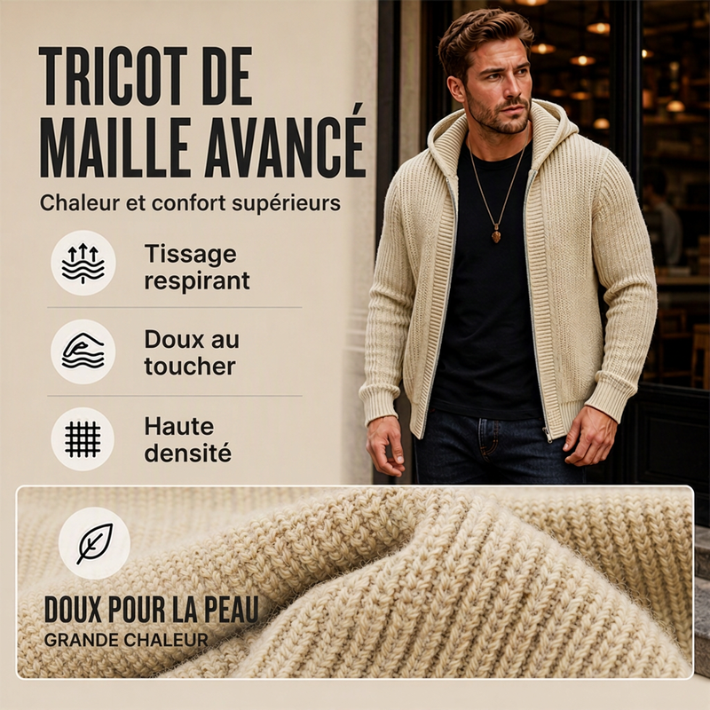 🎁Soldes ! Prix cassés🌍Pull en maille à capuche et à fermeture éclair décontracté pour homme