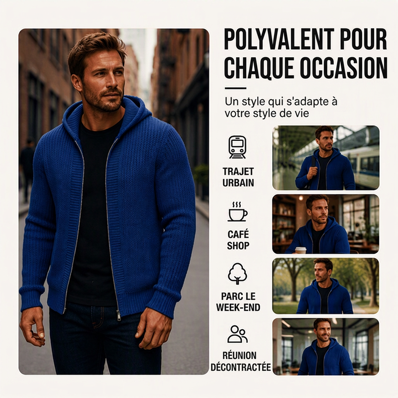 🎁Soldes ! Prix cassés🌍Pull en maille à capuche et à fermeture éclair décontracté pour homme