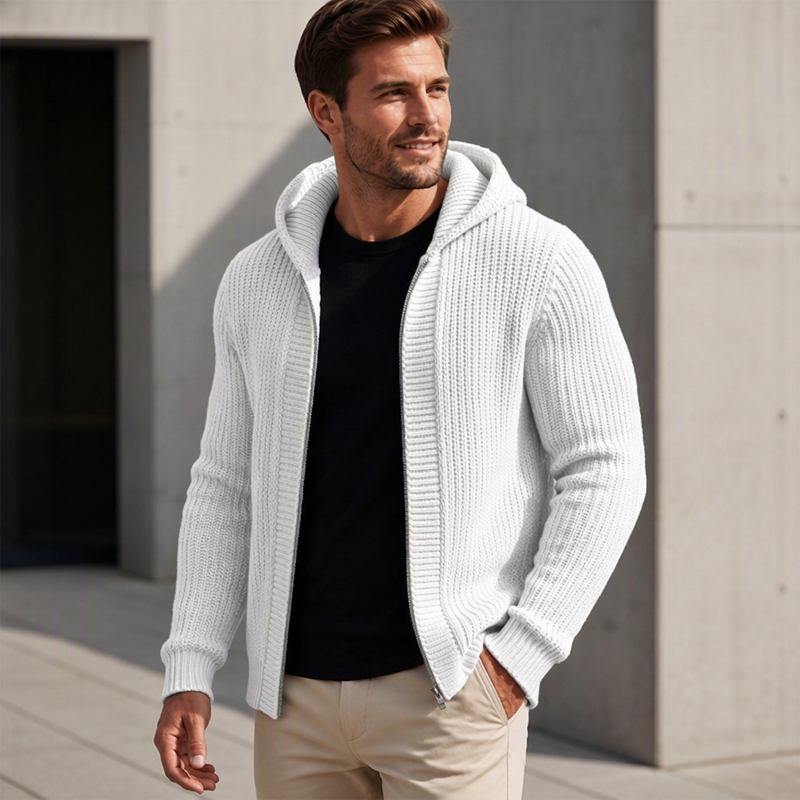🎁Soldes ! Prix cassés🌍Pull en maille à capuche et à fermeture éclair décontracté pour homme