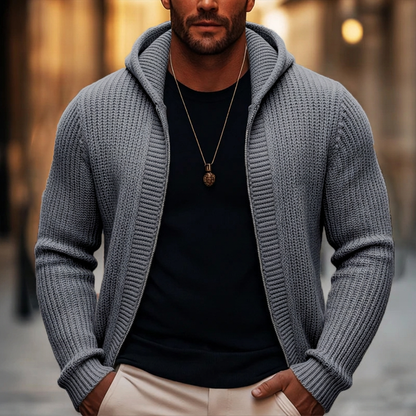 🎁Soldes ! Prix cassés🌍Pull en maille à capuche et à fermeture éclair décontracté pour homme