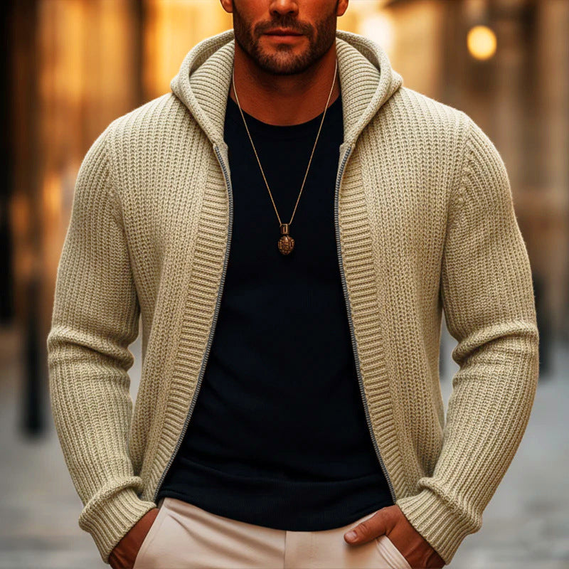 🎁Soldes ! Prix cassés🌍Pull en maille à capuche et à fermeture éclair décontracté pour homme