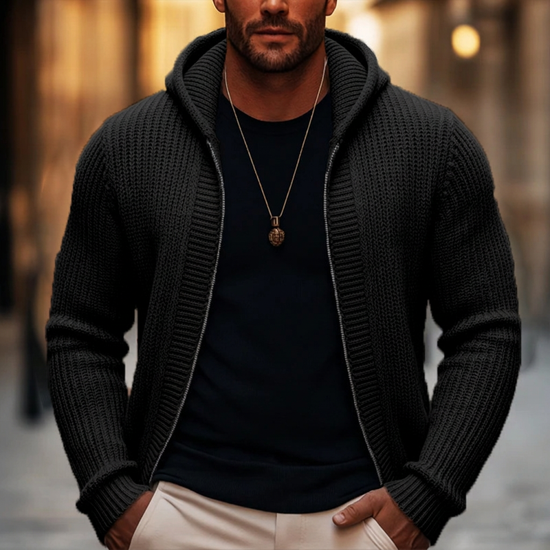 🎁Soldes ! Prix cassés🌍Pull en maille à capuche et à fermeture éclair décontracté pour homme