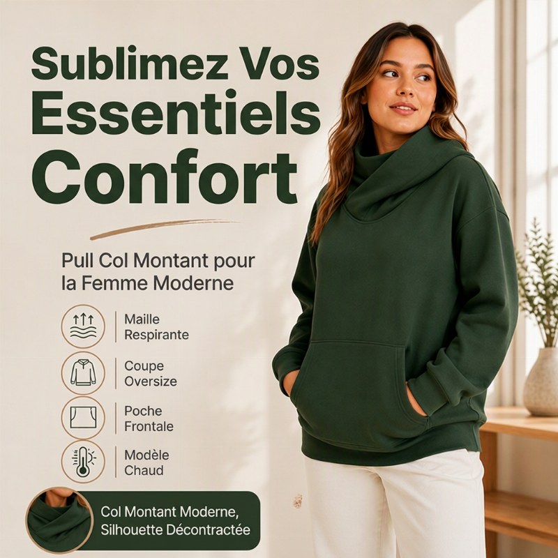 Sweat-shirt à capuche et col drapeau pour femme, style décontracté