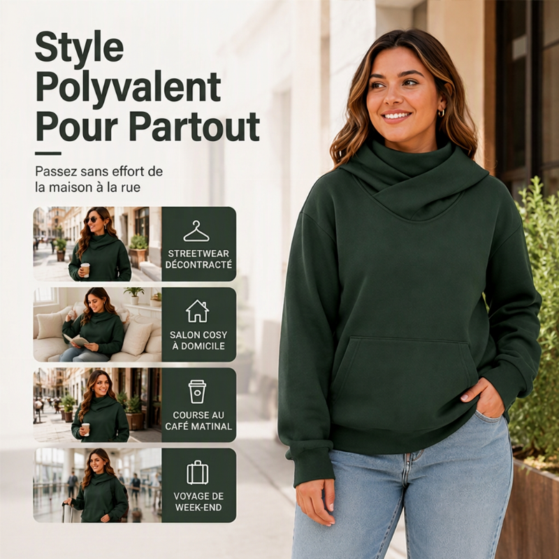 Sweat-shirt à capuche et col drapeau pour femme, style décontracté