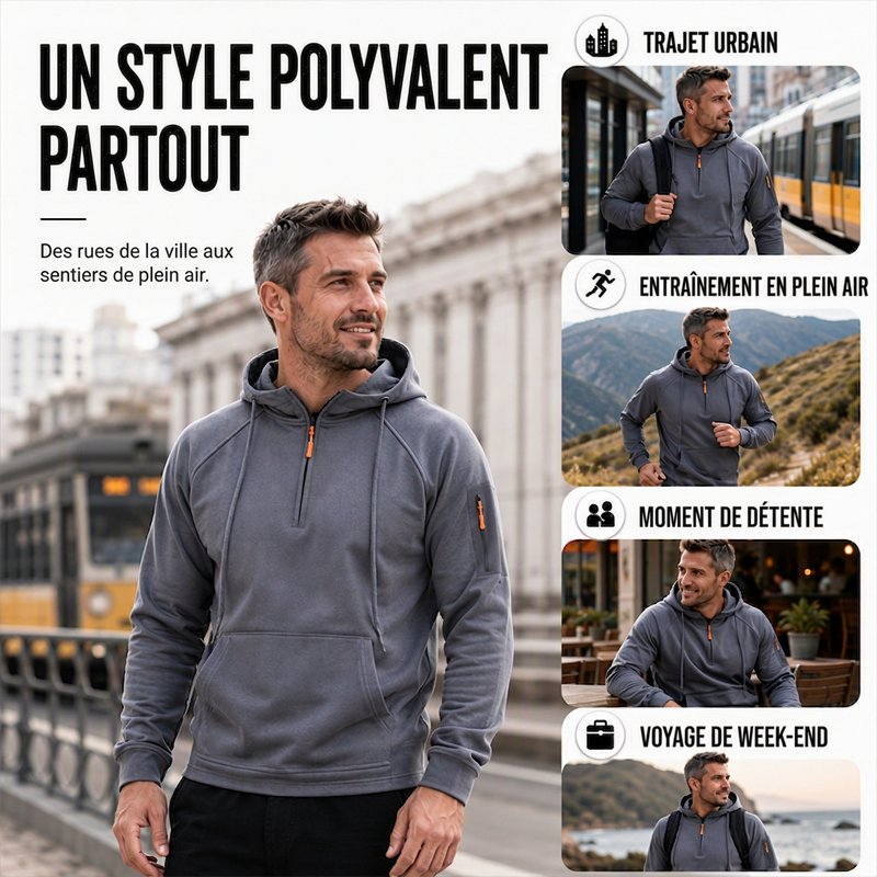 Sweat à capuche décontracté pour homme avec quart de zip