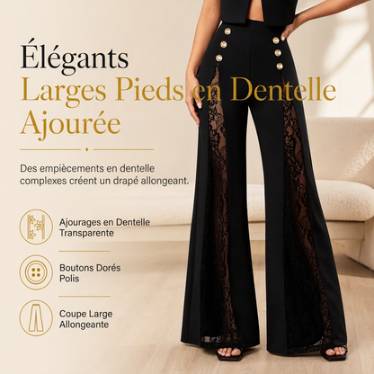 Pantalon large taille haute à empiècements en dentelle avec boutons dorés décoratifs pour femme
