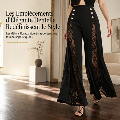 Pantalon large taille haute à empiècements en dentelle avec boutons dorés décoratifs pour femme