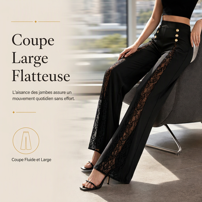 Pantalon large taille haute à empiècements en dentelle avec boutons dorés décoratifs pour femme