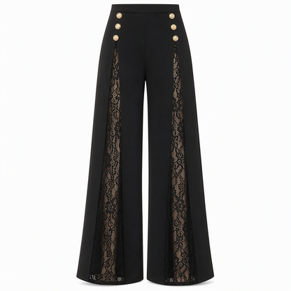 Pantalon large taille haute à empiècements en dentelle avec boutons dorés décoratifs pour femme