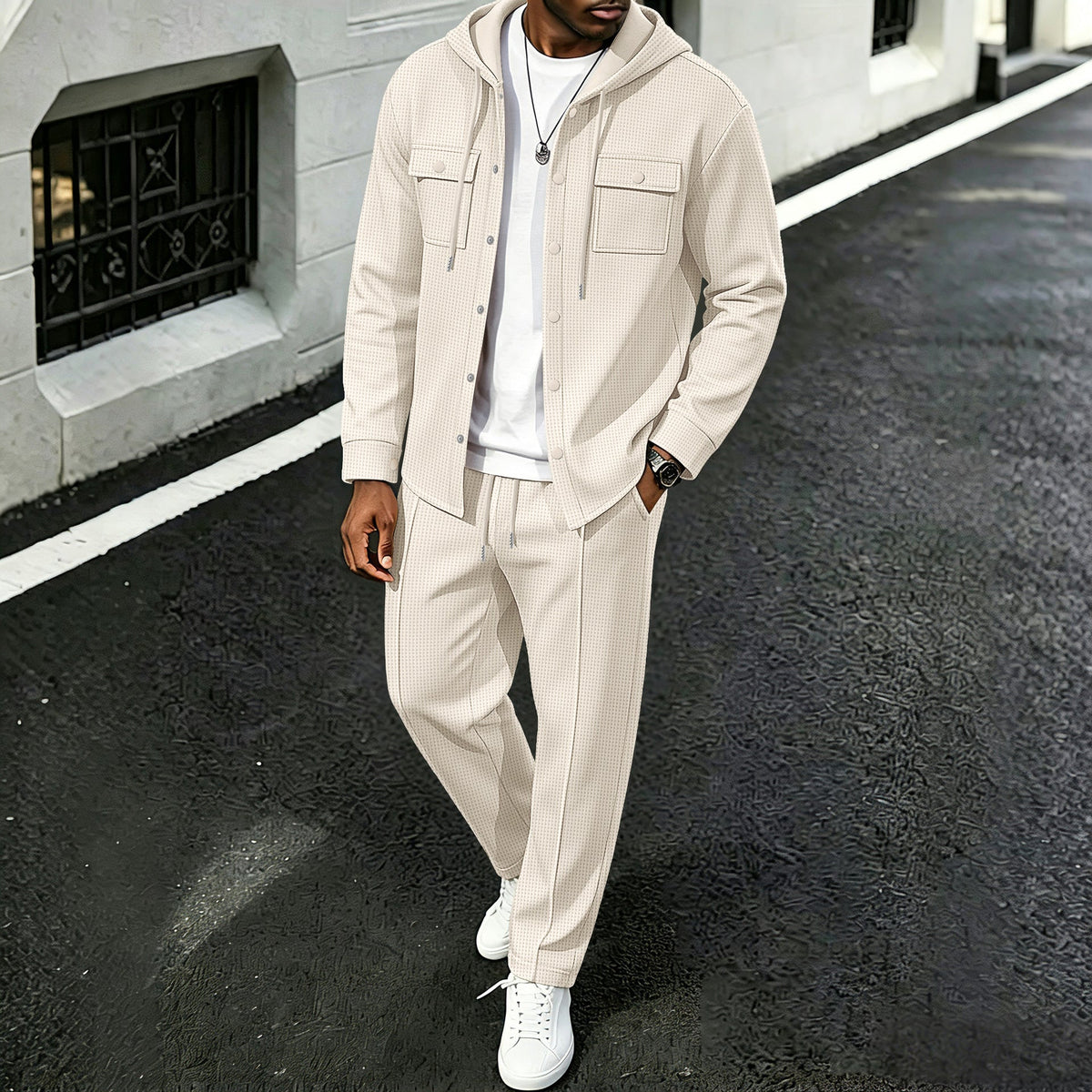 Ensemble veste à capuche en gaufre et pantalon décontracté pour homme