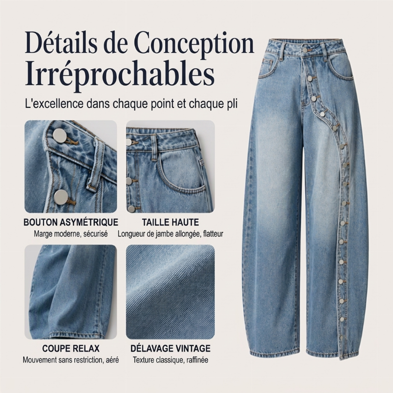 Jeans vintage à jambes larges et boutons latéraux pour femme