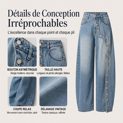 Jeans vintage à jambes larges et boutons latéraux pour femme