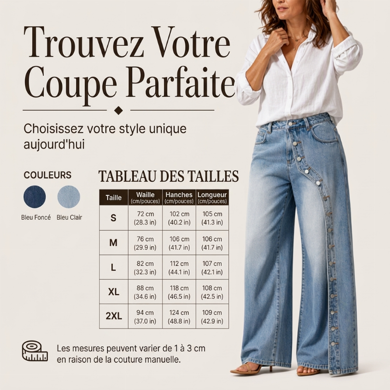 Jeans vintage à jambes larges et boutons latéraux pour femme