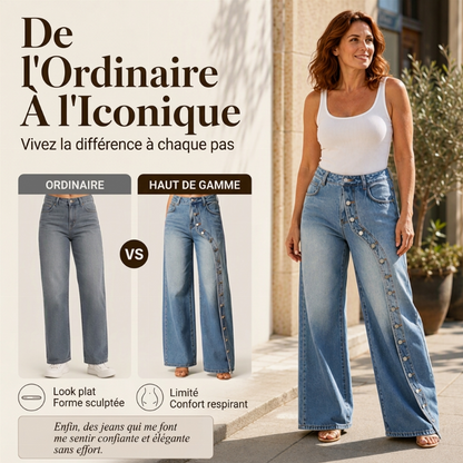 Jeans vintage à jambes larges et boutons latéraux pour femme