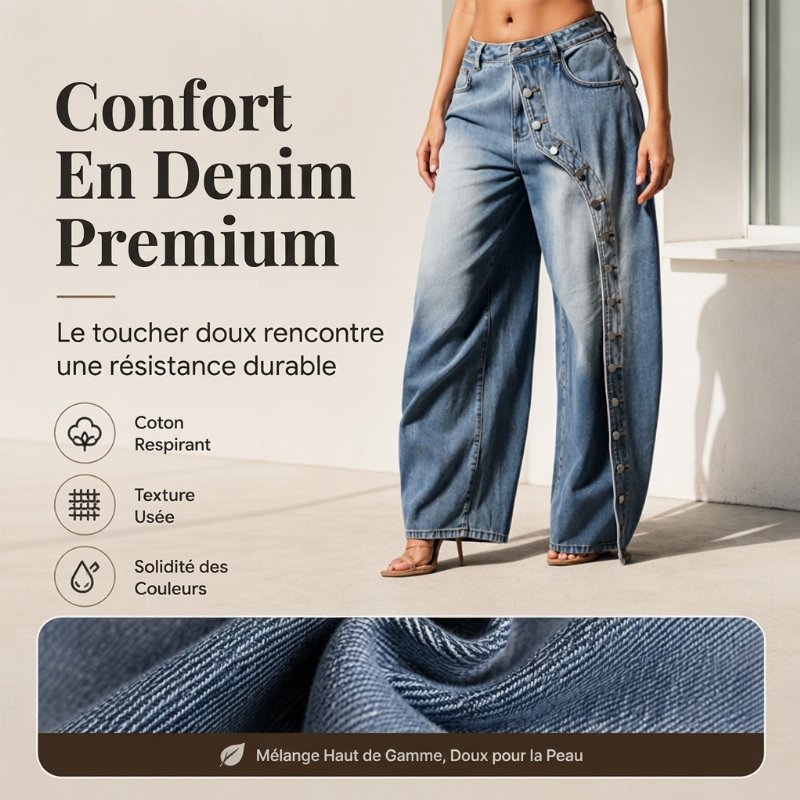 Jeans vintage à jambes larges et boutons latéraux pour femme