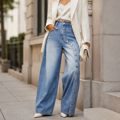 Jeans vintage à jambes larges et boutons latéraux pour femme