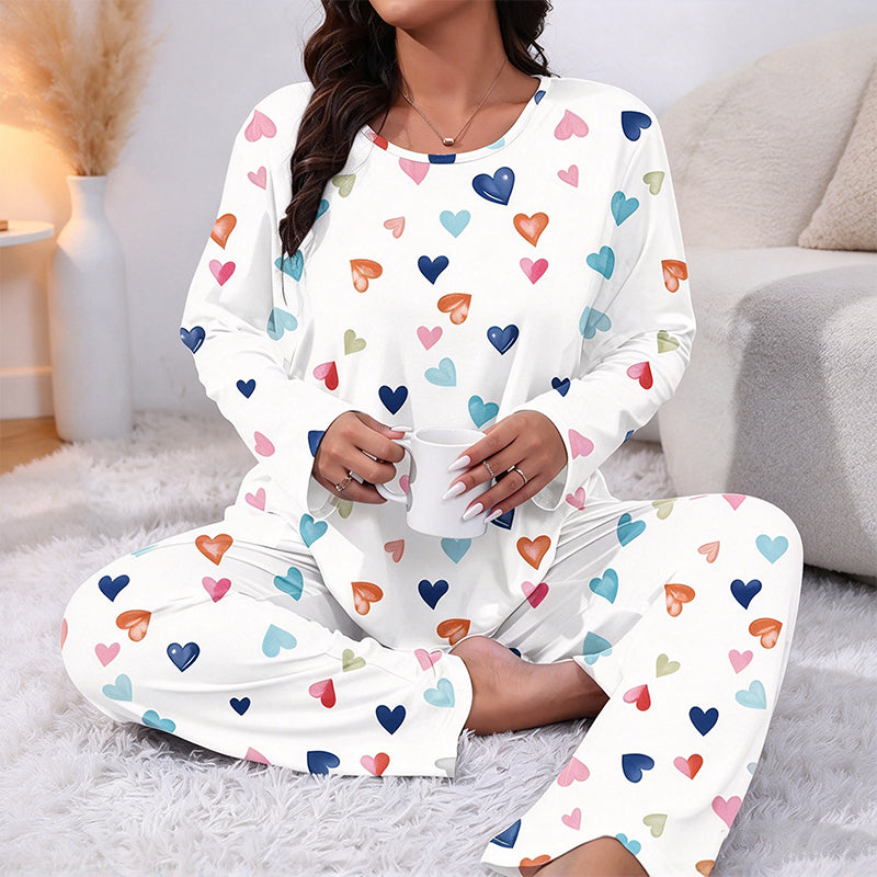 Ensemble de pyjamas à manches longues avec imprimé cœur pour femmes