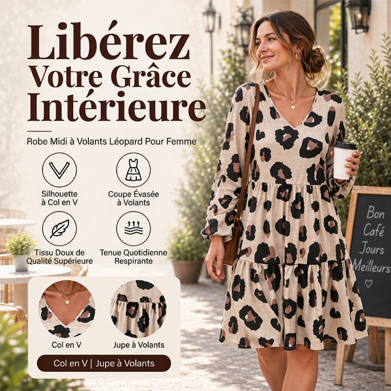 Robe femme à manches longues, col en V et imprimé léopard