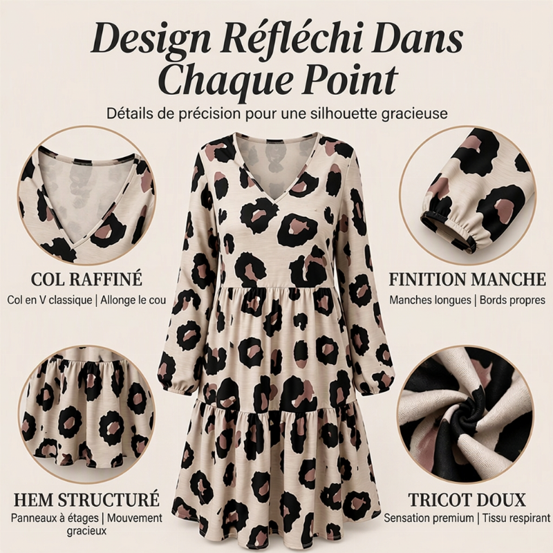 Robe femme à manches longues, col en V et imprimé léopard