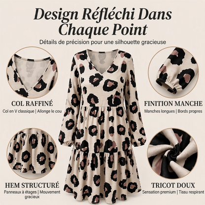 Robe femme à manches longues, col en V et imprimé léopard