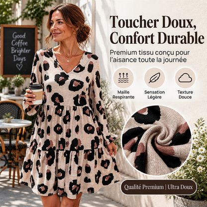 Robe femme à manches longues, col en V et imprimé léopard