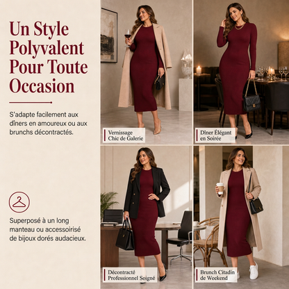 Robe longue moulue à manches longues, col rond, en maille côtelée pour femme