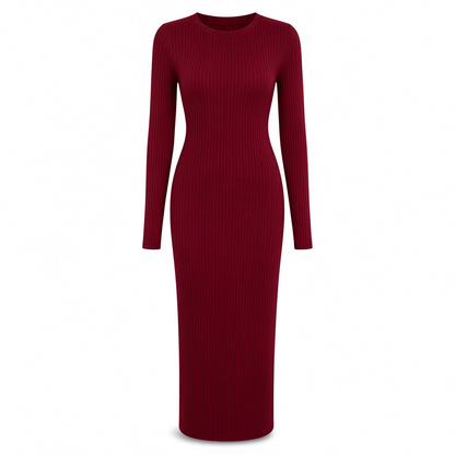 Robe longue moulue à manches longues, col rond, en maille côtelée pour femme