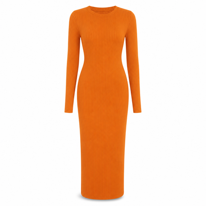 Robe longue moulue à manches longues, col rond, en maille côtelée pour femme