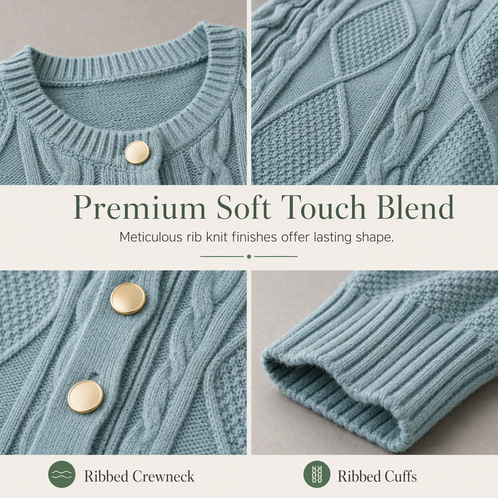 ⏳Liquidation totale⏳Cable Knit Crewneck Cardigan Sweater with Gold Buttons
