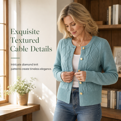 ⏳Liquidation totale⏳Cable Knit Crewneck Cardigan Sweater with Gold Buttons