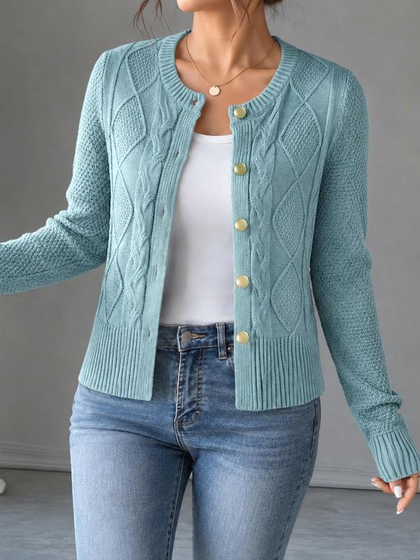 ⏳Liquidation totale⏳Cable Knit Crewneck Cardigan Sweater with Gold Buttons