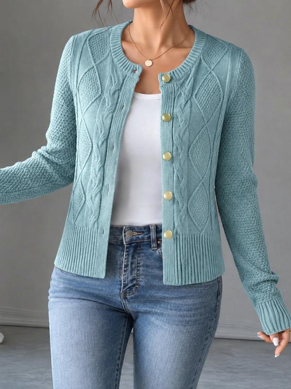 ⏳Liquidation totale⏳Cable Knit Crewneck Cardigan Sweater with Gold Buttons
