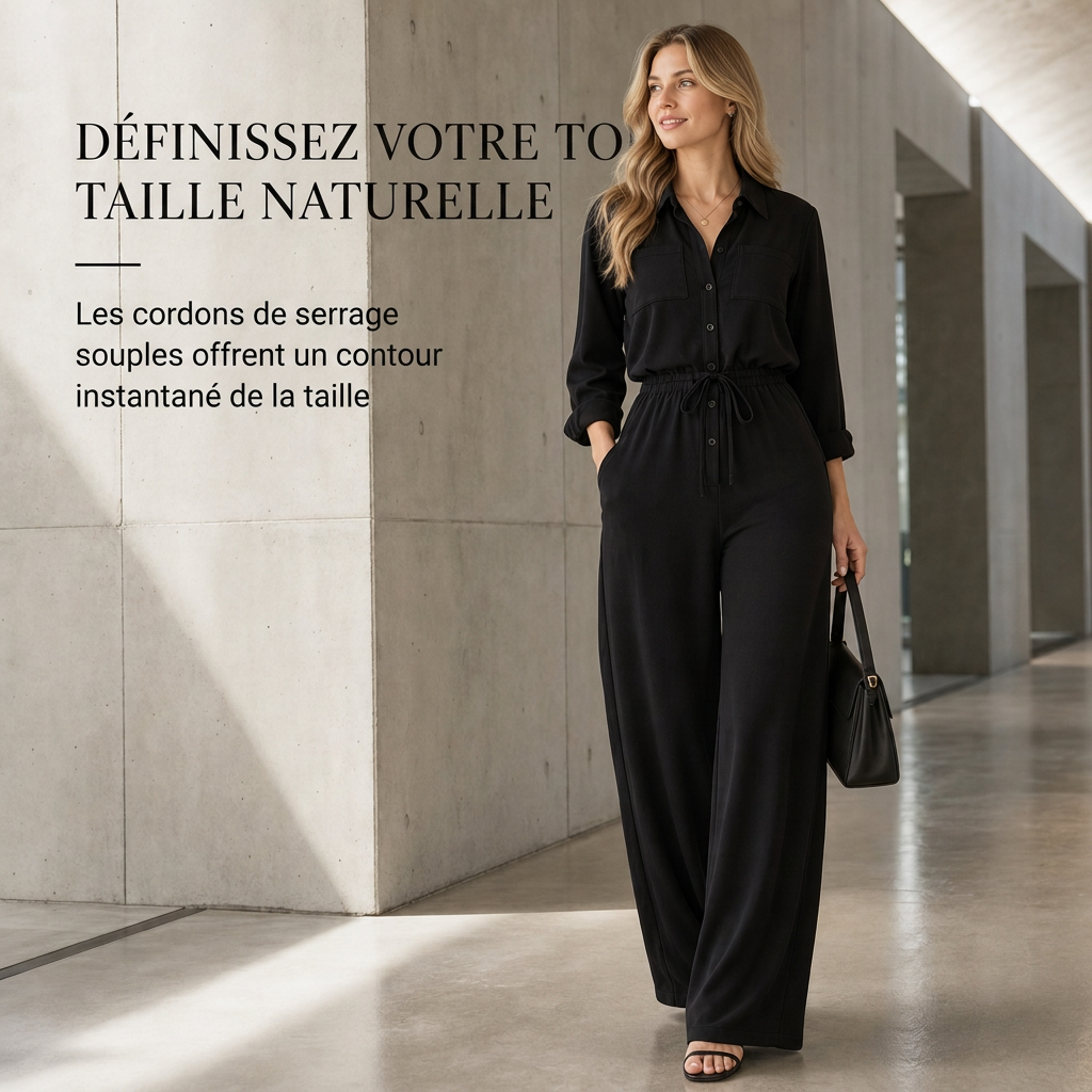 Combinaison femme unicolore à col revers et style chemise, avec lien à la taille pour une tenue décontractée de bureau