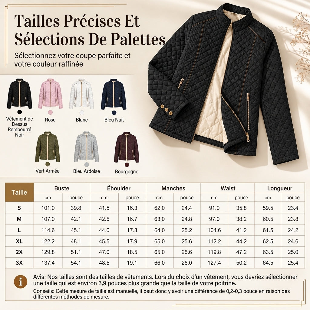 Manteau matelassé léger pour femme, avec col montant et fermeture éclair, adapté au printemps et à l'hiver