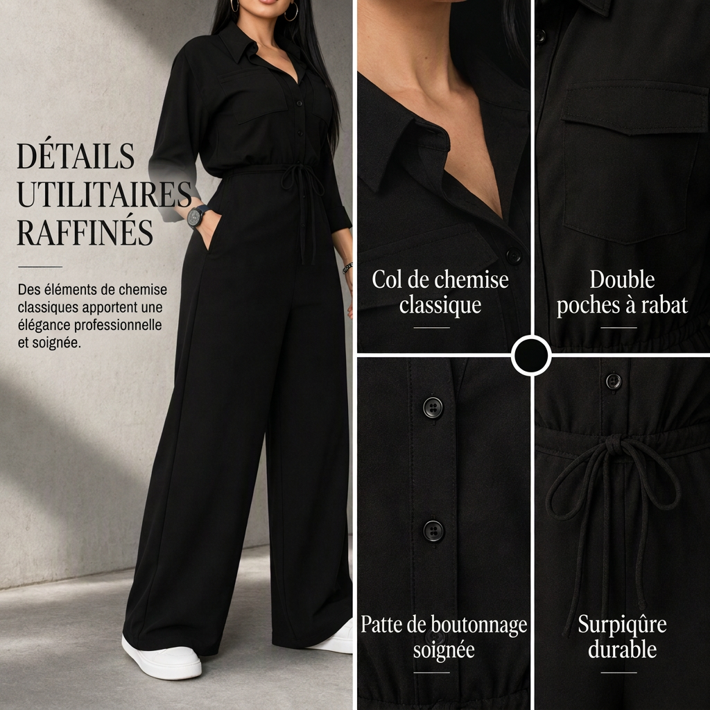 Combinaison femme unicolore à col revers et style chemise, avec lien à la taille pour une tenue décontractée de bureau