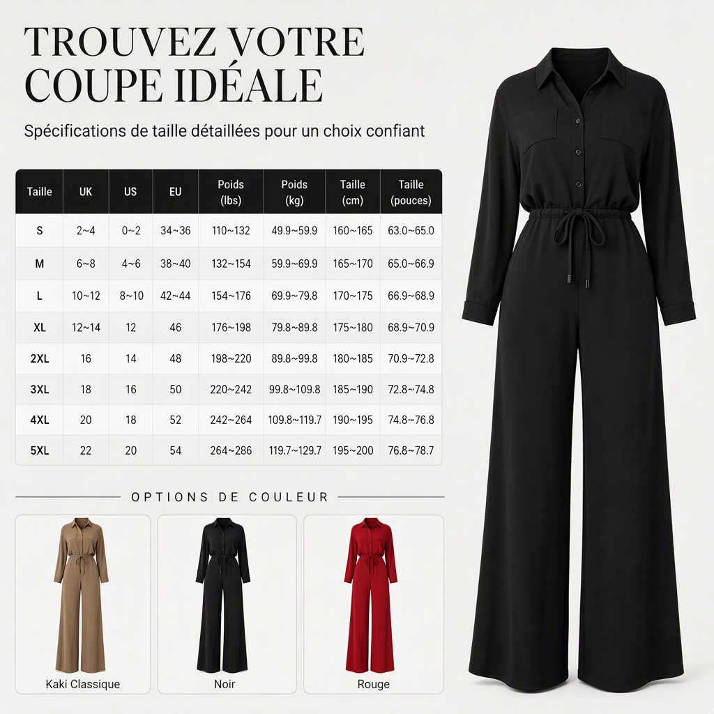 Combinaison femme unicolore à col revers et style chemise, avec lien à la taille pour une tenue décontractée de bureau