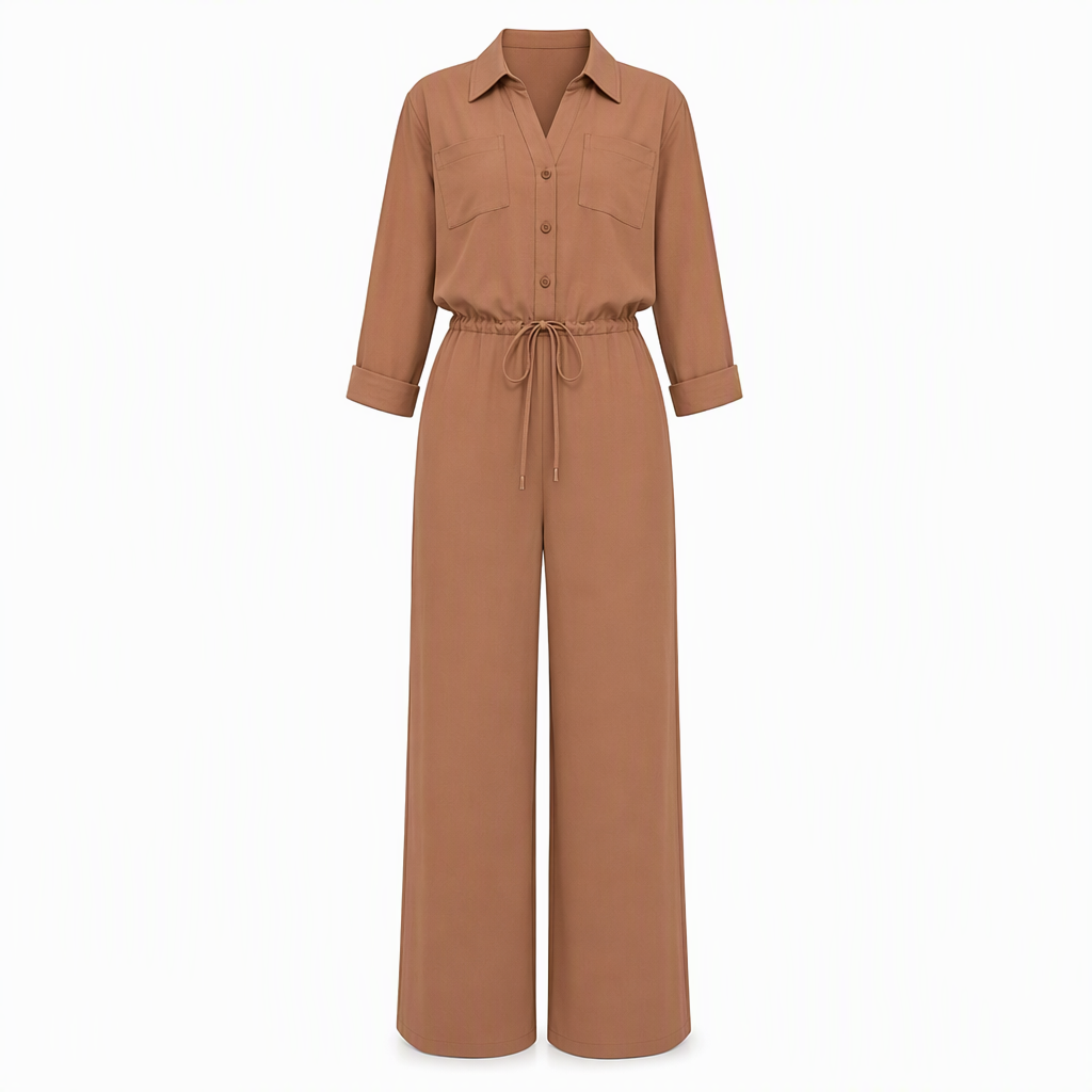 Combinaison femme unicolore à col revers et style chemise, avec lien à la taille pour une tenue décontractée de bureau