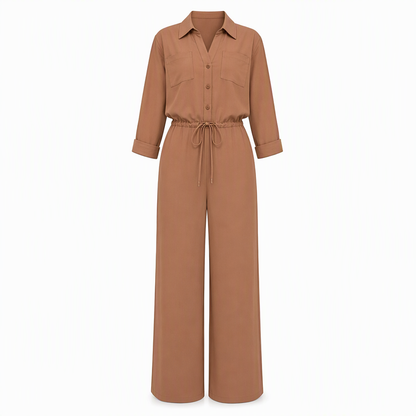 Combinaison femme unicolore à col revers et style chemise, avec lien à la taille pour une tenue décontractée de bureau